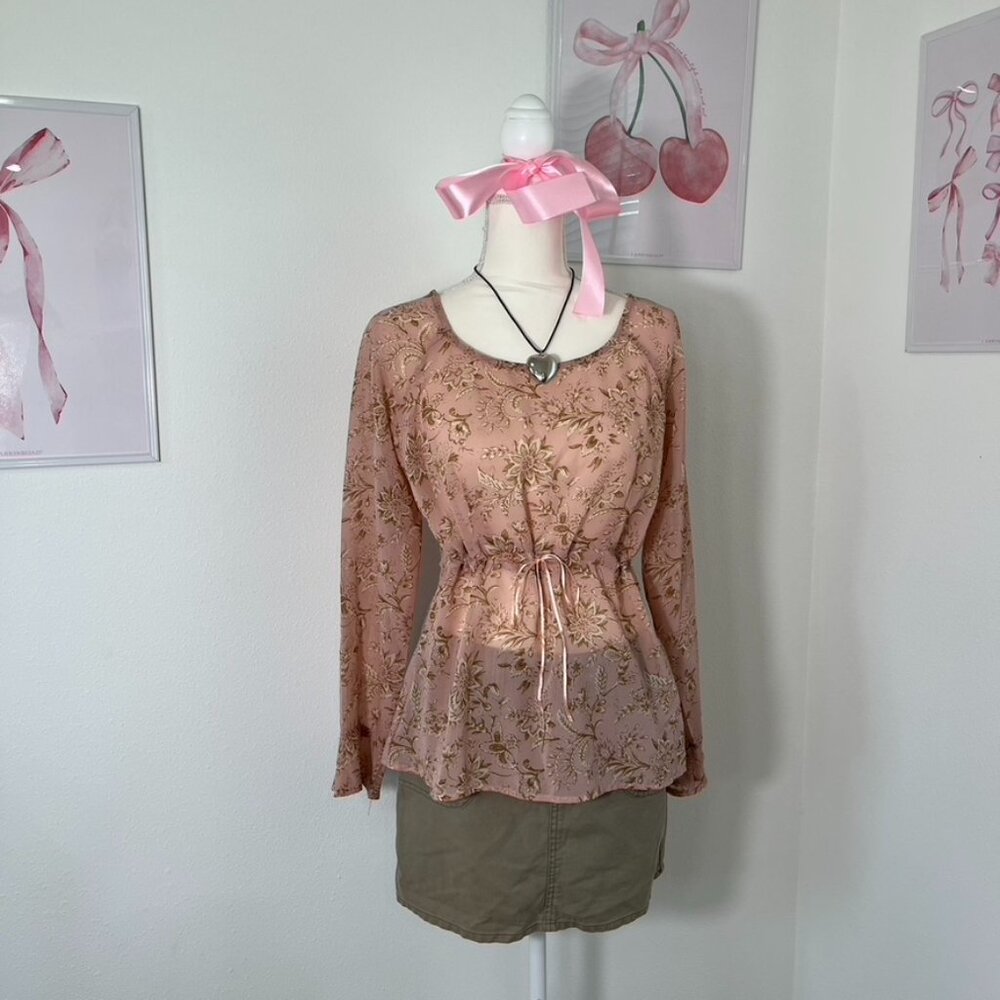 Vintage Y2K George Pink Floral‎ Sheer Mesh Milkmaid Tie Front Top Womens Large